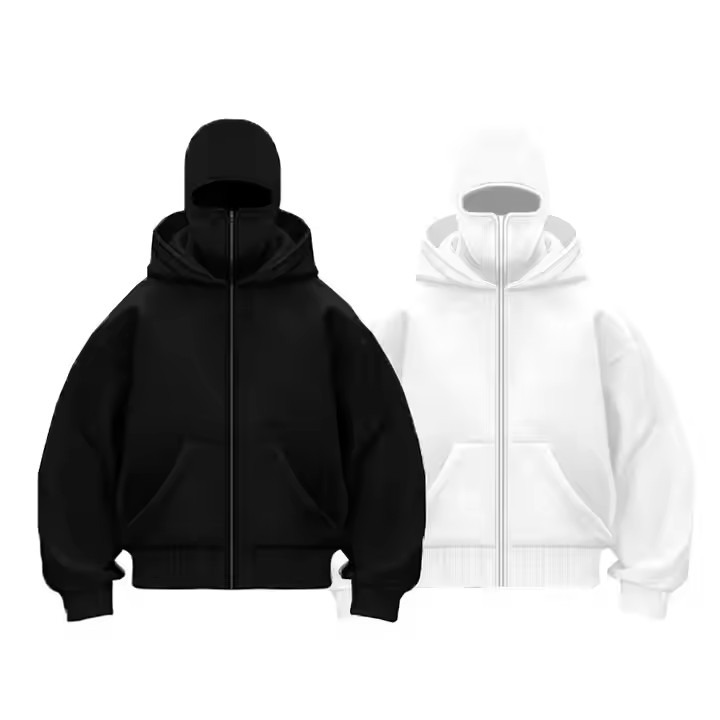Custom Embroidery Printing Logo Heavyweight Double Layer Ninja Masked French Terry Acid Wash Full Zip up Balaclava Hoodie