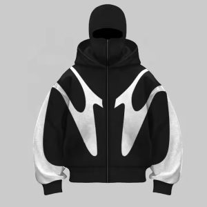 Manufacturer Heavy Cotton Patchwork Double Hood Full Zip up Balaclava Hoodies Custom Ninja Masked Men Hoodie