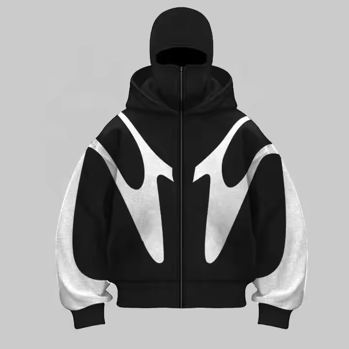 Manufacturer Heavy Cotton Patchwork Double Hood Full Zip up Balaclava Hoodies Custom Ninja Masked Men Hoodie