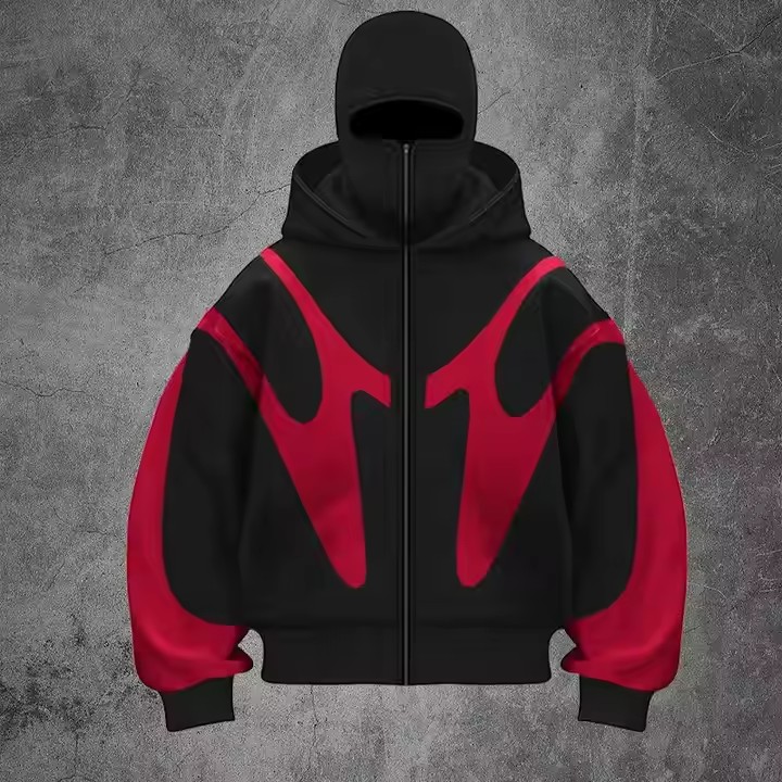 Manufacturer Heavy Cotton Patchwork Double Hood Full Zip up Balaclava Hoodies Custom Ninja Masked Men Hoodie