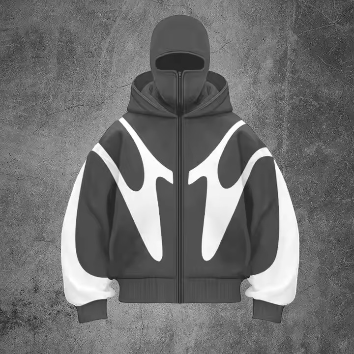 Manufacturer Heavy Cotton Patchwork Double Hood Full Zip up Balaclava Hoodies Custom Ninja Masked Men Hoodie