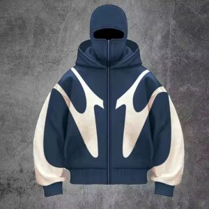 Manufacturer Heavy Cotton Patchwork Double Hood Full Zip up Balaclava Hoodies Custom Ninja Masked Men Hoodie