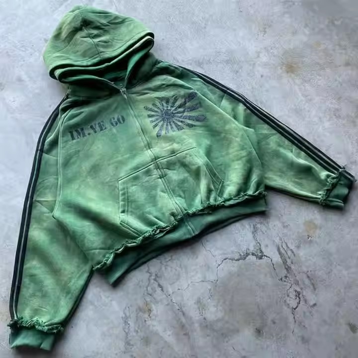 Custom Reversible Reverse Weave Heavy Weight Cotton Distressed Vintage Acid Wash Oversized Boxy Zip up Double Hooded Hoodie