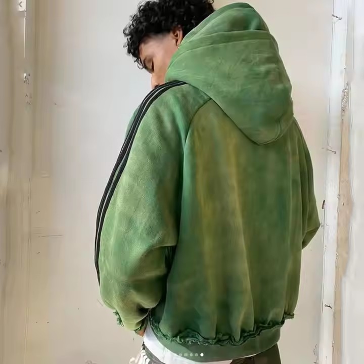 Custom Reversible Reverse Weave Heavy Weight Cotton Distressed Vintage Acid Wash Oversized Boxy Zip up Double Hooded Hoodie