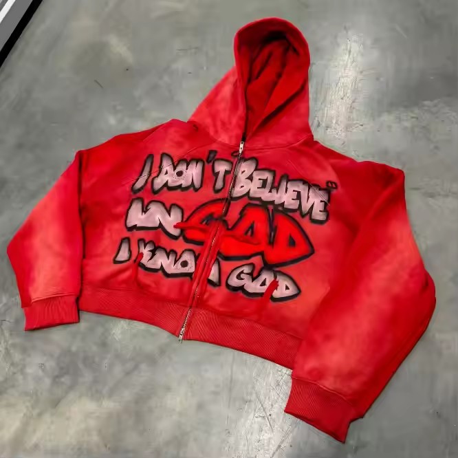 Acid Washed Dtg Print Men Unisex Winter Heavyweight Cotton Cropped Boxy Distressed Hoodie Custom Zip up Hoodie