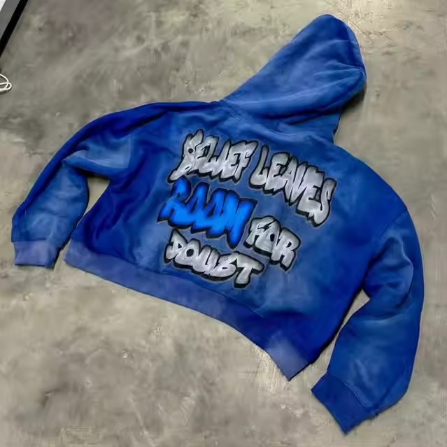 Acid Washed Dtg Print Men Unisex Winter Heavyweight Cotton Cropped Boxy Distressed Hoodie Custom Zip up Hoodie
