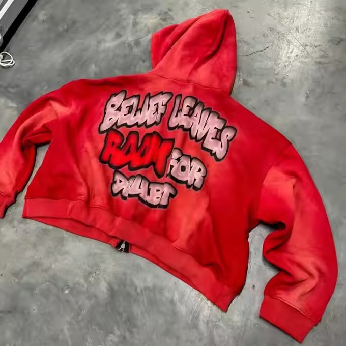 Acid Washed Dtg Print Men Unisex Winter Heavyweight Cotton Cropped Boxy Distressed Hoodie Custom Zip up Hoodie
