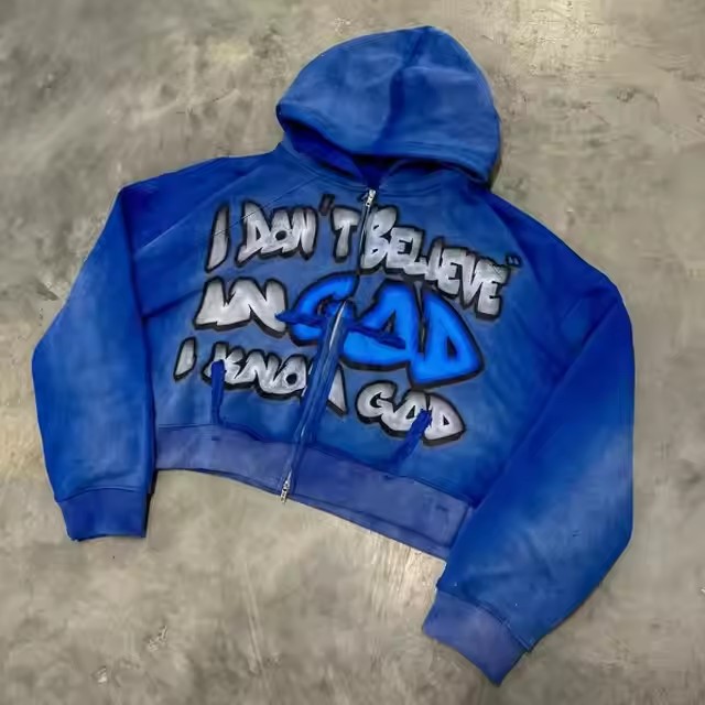 Acid Washed Dtg Print Men Unisex Winter Heavyweight Cotton Cropped Boxy Distressed Hoodie Custom Zip up Hoodie