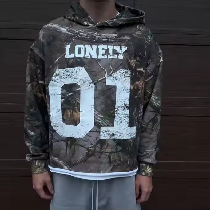 Custom Terry Cotton Camo Cropped Raw Hem Dtg Printed Pullover Hoodie Men All Over Print Camouflage Hoodies