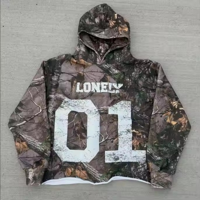 Custom Terry Cotton Camo Cropped Raw Hem Dtg Printed Pullover Hoodie Men All Over Print Camouflage Hoodies