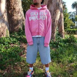 Custom Vintage Washed Fleece French Terry Heavyweight Thick Zipper Jacket Crystal Rhinestone Double Zip up Hoodie Men