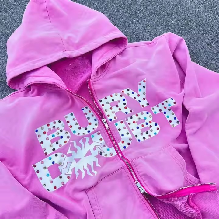 Custom Vintage Washed Fleece French Terry Heavyweight Thick Zipper Jacket Crystal Rhinestone Double Zip up Hoodie Men