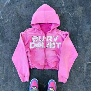 Custom Vintage Washed Fleece French Terry Heavyweight Thick Zipper Jacket Crystal Rhinestone Double Zip up Hoodie Men
