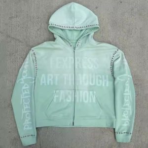 Custom Dtg Printed Gemstone Zip up Heavy Weight Hoodie Vintage Acid Washed Baggy Boxy Fit Cropped Rhinestone Hoodie