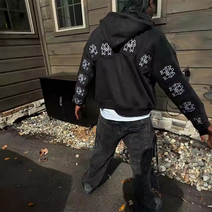 Custom Full Multi Pockets Zip up Oversized Cropped Hoodie Men Unisex Embroidery Print Heavyweight Hoodies