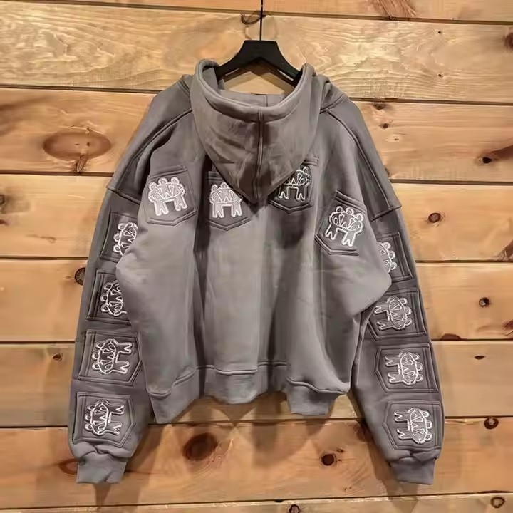 Custom Full Multi Pockets Zip up Oversized Cropped Hoodie Men Unisex Embroidery Print Heavyweight Hoodies