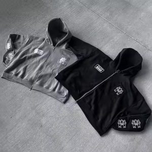 Custom Full Multi Pockets Zip up Oversized Cropped Hoodie Men Unisex Embroidery Print Heavyweight Hoodies