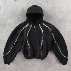 Streetwear Hoodie Custom Vintage Fringed Strip 100% Cotton Distressed Zipper Heavyweight Boxy Fit Cropped Hoodies