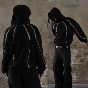 Streetwear Hoodie Custom Vintage Fringed Strip 100% Cotton Distressed Zipper Heavyweight Boxy Fit Cropped Hoodies