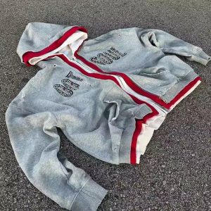 Custom Streetwear Double 3 Zipper Acid Wash Vintage Baggy Boxy Fit Distressed Rhinestone Triple Layer Zip up Hoodie