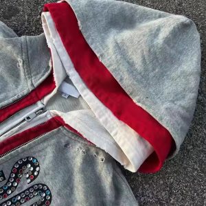 Custom Streetwear Double 3 Zipper Acid Wash Vintage Baggy Boxy Fit Distressed Rhinestone Triple Layer Zip up Hoodie