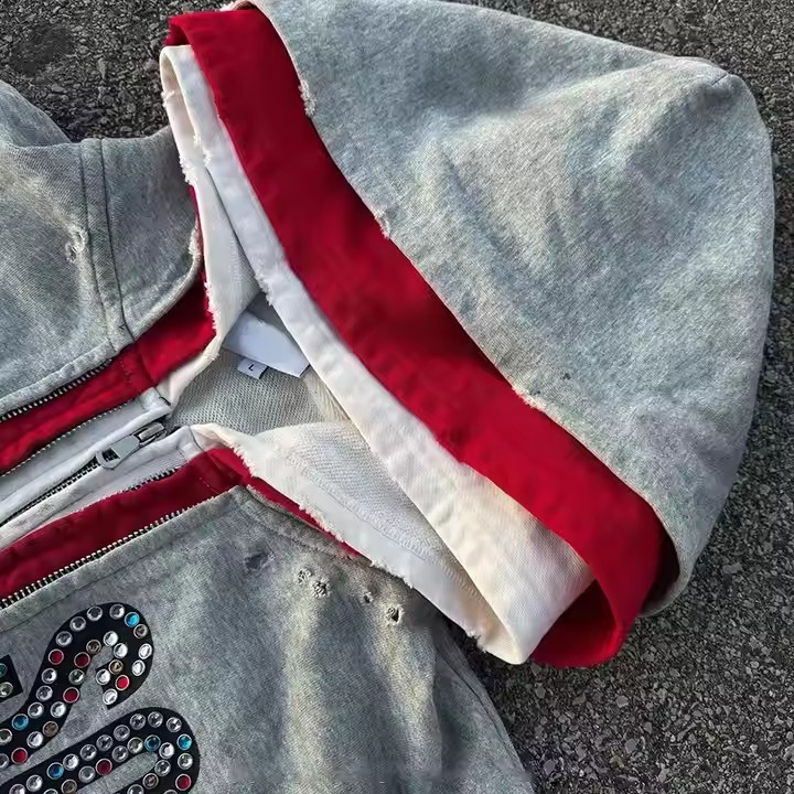 Custom Streetwear Double 3 Zipper Acid Wash Vintage Baggy Boxy Fit Distressed Rhinestone Triple Layer Zip up Hoodie