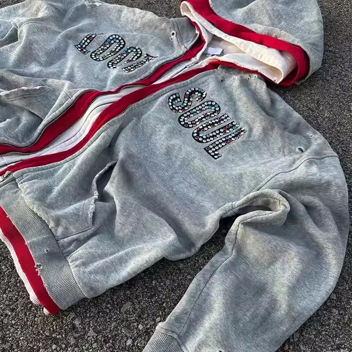 Custom Streetwear Double 3 Zipper Acid Wash Vintage Baggy Boxy Fit Distressed Rhinestone Triple Layer Zip up Hoodie