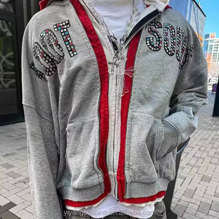 Custom Streetwear Double 3 Zipper Acid Wash Vintage Baggy Boxy Fit Distressed Rhinestone Triple Layer Zip up Hoodie