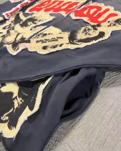 Oversized Zipper Hoodie with Applique Embroidery Acid Washed Retro 100% Cotton Winter Raw Hem Distress Embroidery Zip Up Hoodies