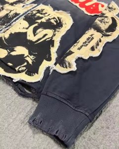 Oversized Zipper Hoodie with Applique Embroidery Acid Washed Retro 100% Cotton Winter Raw Hem Distress Embroidery Zip Up Hoodies