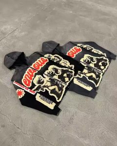 Oversized Zipper Hoodie with Applique Embroidery Acid Washed Retro 100% Cotton Winter Raw Hem Distress Embroidery Zip Up Hoodies