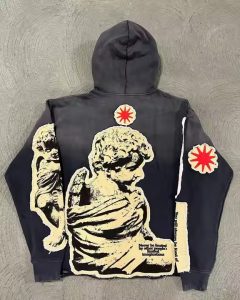 Oversized Zipper Hoodie with Applique Embroidery Acid Washed Retro 100% Cotton Winter Raw Hem Distress Embroidery Zip Up Hoodies