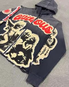 Oversized Zipper Hoodie with Applique Embroidery Acid Washed Retro 100% Cotton Winter Raw Hem Distress Embroidery Zip Up Hoodies