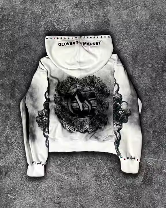 Oversized Pullover Hoodie with DTG print white Acid Washed Retro100% Cotton Winter Crop Fleece Rhinestone Dirty Zip Up Hoodies