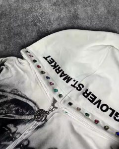 Oversized Pullover Hoodie with DTG print white Acid Washed Retro100% Cotton Winter Crop Fleece Rhinestone Dirty Zip Up Hoodies