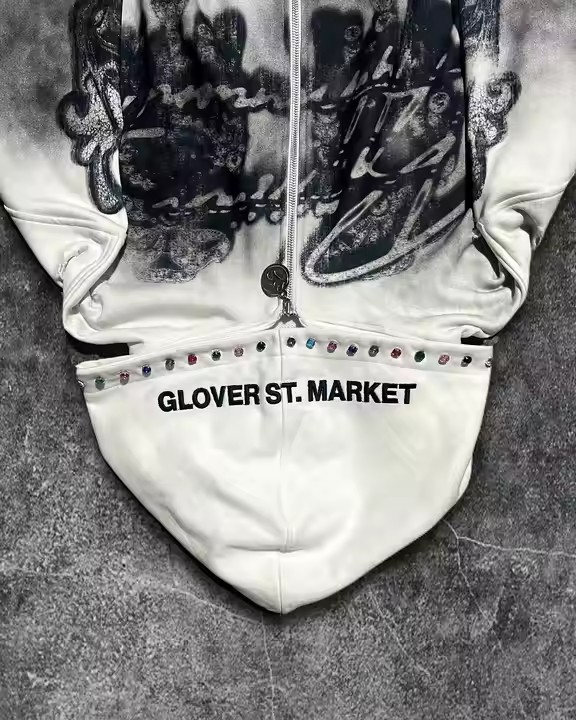 Oversized Pullover Hoodie with DTG print white Acid Washed Retro100% Cotton Winter Crop Fleece Rhinestone Dirty Zip Up Hoodies
