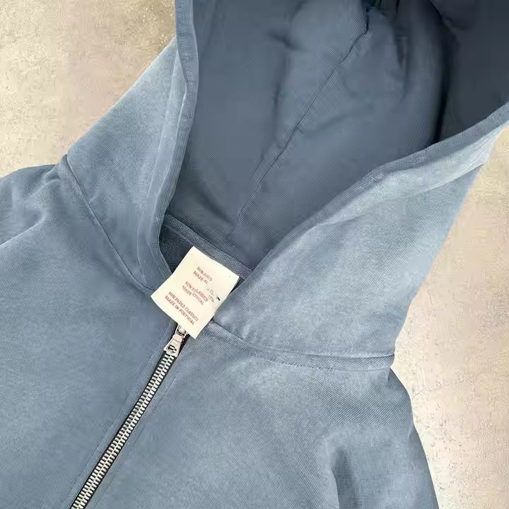 Custom 100% Cotton Zipper Hoodie Vintage Washed 460gsm Distressed Hem Acid Washing Blank Hoodie for Men