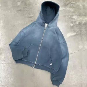 Custom 100% Cotton Zipper Hoodie Vintage Washed 460gsm Distressed Hem Acid Washing Blank Hoodie for Men