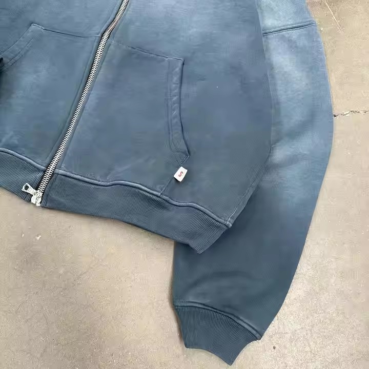 Custom 100% Cotton Zipper Hoodie Vintage Washed 460gsm Distressed Hem Acid Washing Blank Hoodie for Men