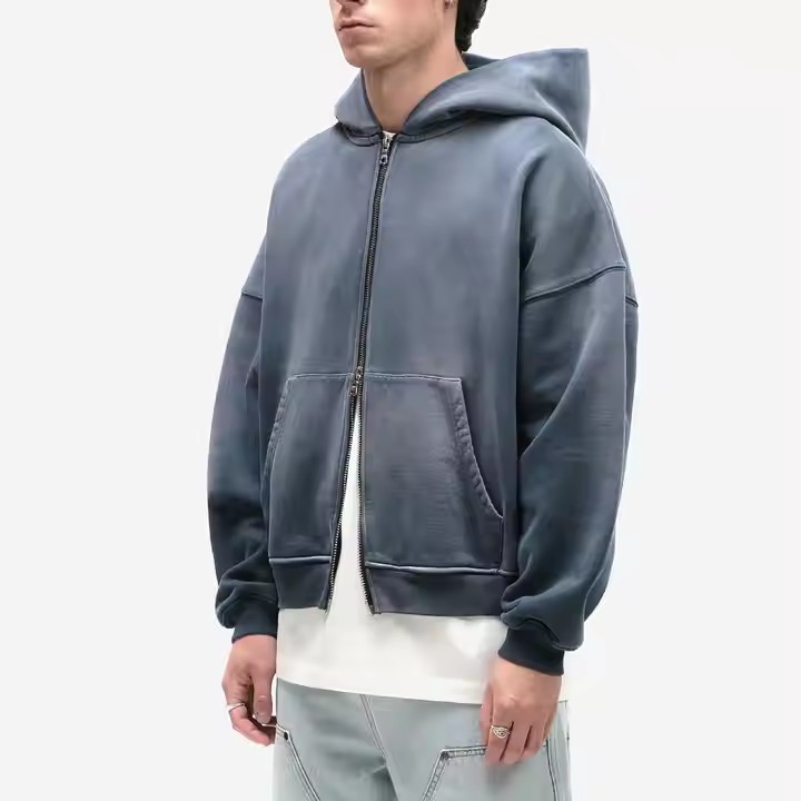 Custom 100% Cotton Zipper Hoodie Vintage Washed 460gsm Distressed Hem Acid Washing Blank Hoodie for Men