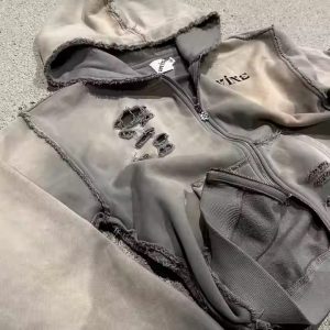 2025 OEM Custom Rhinestone Acid Wash Hoodie - French Terry Heavyweight Streetwear, Rivet Zipper Men's Distressed Hoodie
