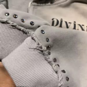 2025 OEM Custom Rhinestone Acid Wash Hoodie - French Terry Heavyweight Streetwear, Rivet Zipper Men's Distressed Hoodie