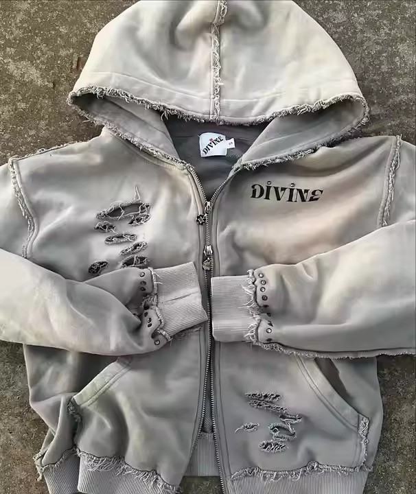 2025 OEM Custom Rhinestone Acid Wash Hoodie - French Terry Heavyweight Streetwear, Rivet Zipper Men's Distressed Hoodie