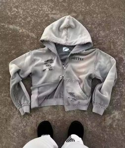 2025 OEM Custom Rhinestone Acid Wash Hoodie - French Terry Heavyweight Streetwear, Rivet Zipper Men's Distressed Hoodie