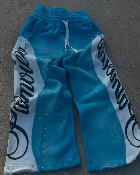 Custom High Quality Double Waistband Rhinestones Sweats 100% Cotton Terry Distress Baggy Double Waist Sweatpants