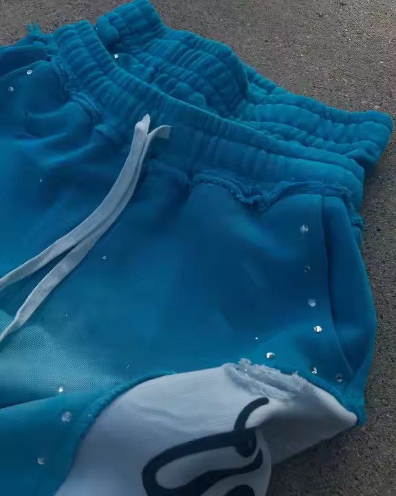 Custom High Quality Double Waistband Rhinestones Sweats 100% Cotton Terry Distress Baggy Double Waist Sweatpants