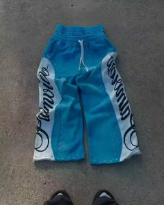 Custom High Quality Double Waistband Rhinestones Sweats 100% Cotton Terry Distress Baggy Double Waist Sweatpants