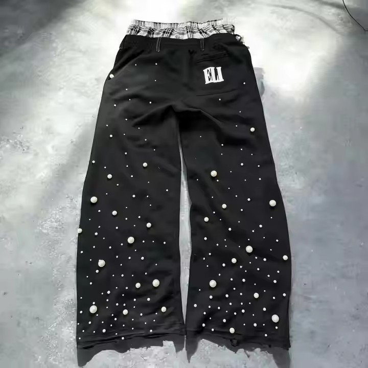 Custom High Quality Double Waistband Pearls Rhinestones Sweats 100% Cotton Terry Distress Pearls Baggy Sweatpants