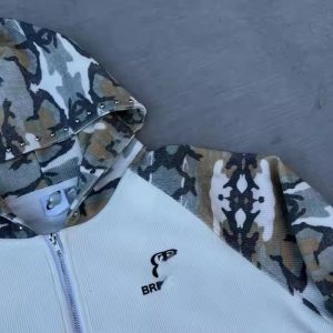 Custom 100% Cotton Men's Super Heavy Camouflage Waffle Knit Hoodie Full Zip-up with Hooded Collar Garment Dyed Washed Size XXS