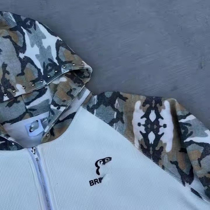 Custom 100% Cotton Men's Super Heavy Camouflage Waffle Knit Hoodie Full Zip-up with Hooded Collar Garment Dyed Washed Size XXS